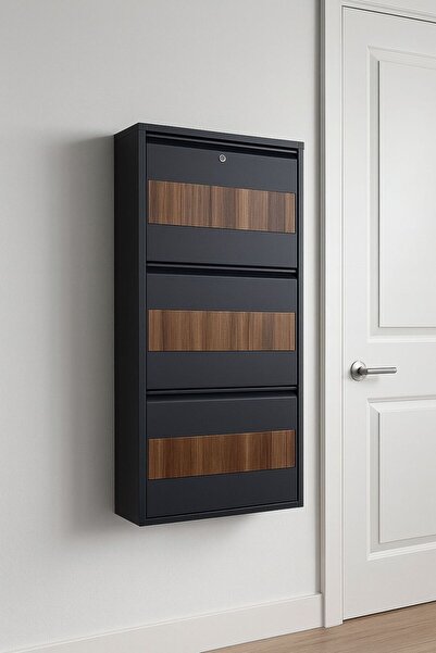 Arinna 3'lü Antrasit Metal Ayakkabılık Ahşap Detaylı ( KİLİTLİ )