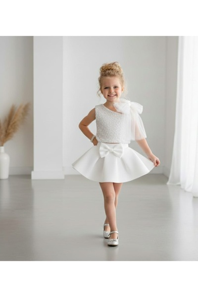 Tinypeople Costum alb cu paiete pentru fete, costum rochie de seara pentru co...