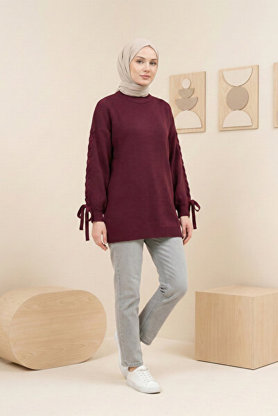 Kirazgym Women's Knitted Round Neck Knitwear Tunic with Sleeve Knit Detail - ...