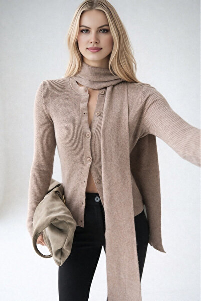 LOOSH Kadın Vizon Bisiklet Yaka Düğmeli Şallı Hırka