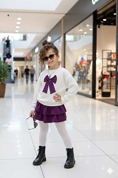 MUMİKİDS Kız Çocuk Fiyonklu Bluz - Etek 2 Parça Şık Takım - Bayramlık