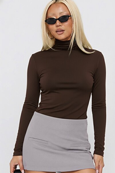The Champ Clothing Women's High-Neck Long Sleeve Fit Body Brown – Flexible St...