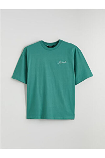 LC Waikiki Green Oversize Fit Crew Neck Embroidered Men's T-Shirt
