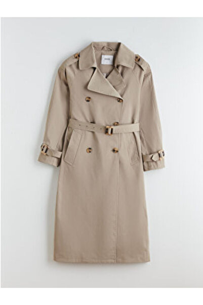 LC Waikiki Khaki Double-Breasted Collar Women's Trench Coat