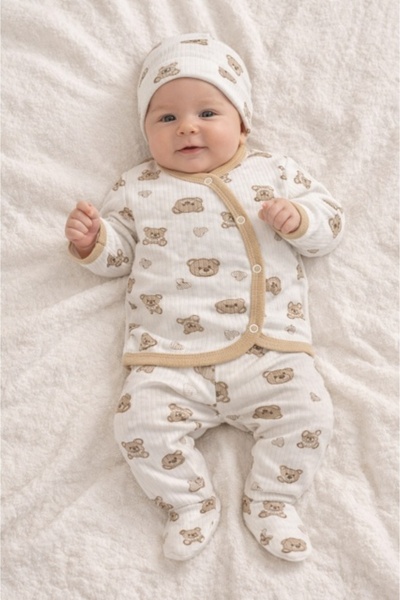 Pure Boutique Set bebelus 3 piese bumbac cu ursuleti bluza pantaloni caciula ...