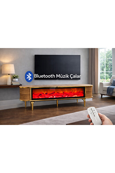 SOME LÜKS Şömineli tv sehpası Kahverengi (Ahşap rengi-gold detaylı) 160cm 3D ...