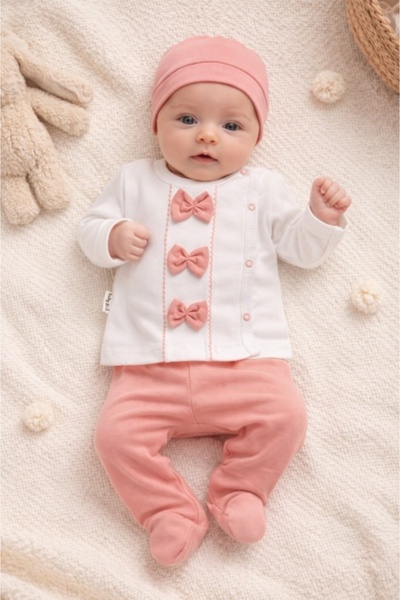 Pure Boutique Set bebelus fetita 3 piese bumbac cu fundite roz bluza pantalon...