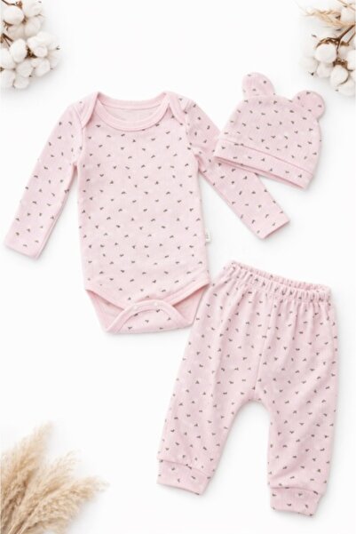 Pure Boutique Set bebelus fetita 3 piese body pantaloni caciula bumbac ribat ...