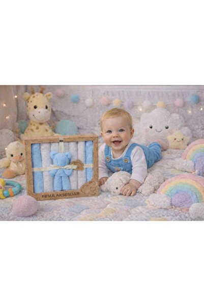 fema aksesuar Pamuk baby 7li ayıcık süslemeli ağız mendili Mavi