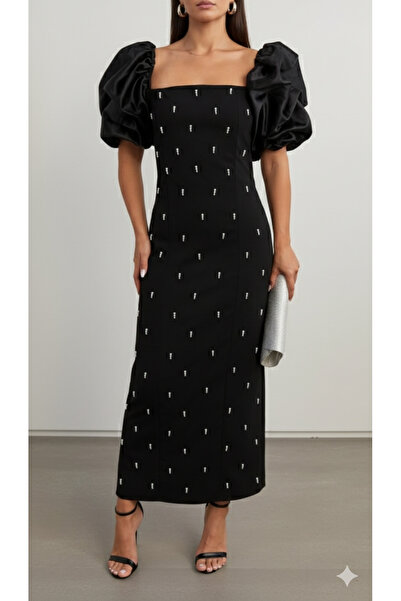 Elbee Fashion Woman Saten Balon Kollu İnci Detaylı Abiye Elbise