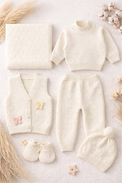 Pure Boutique Πλεκτό σετ για μωρά 6 τεμαχίων: λευκή κουβέρτα, γιλέκο, μπλούζα...