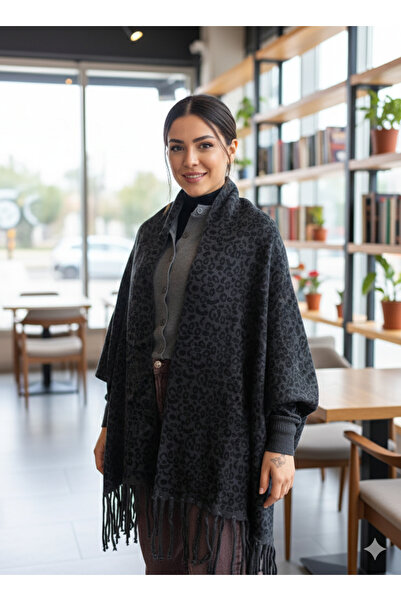 Kervan Pazar KADIN TRİKO LEOPARLI KOLLU ŞAL PANÇO