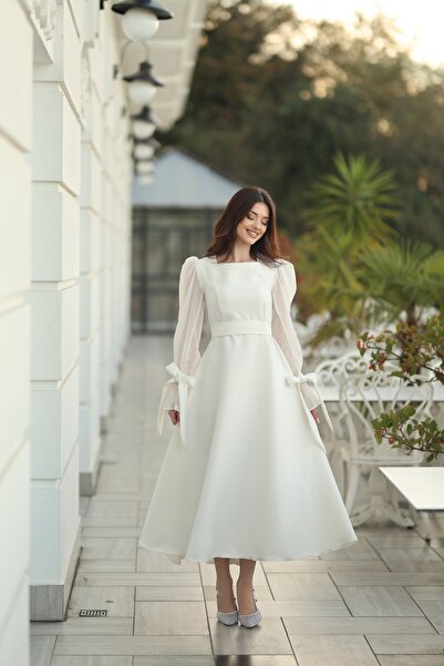 MEİZA KADIN BEYAZ KARE YAKA KOLLARI ŞİFON ABİYE ELBİSE