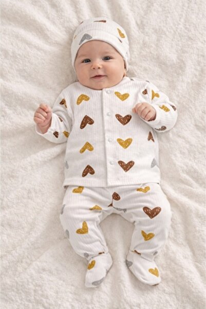 Pure Boutique Унисекс бебешки комплект от 3 части, оребрен памук със сърца, б...