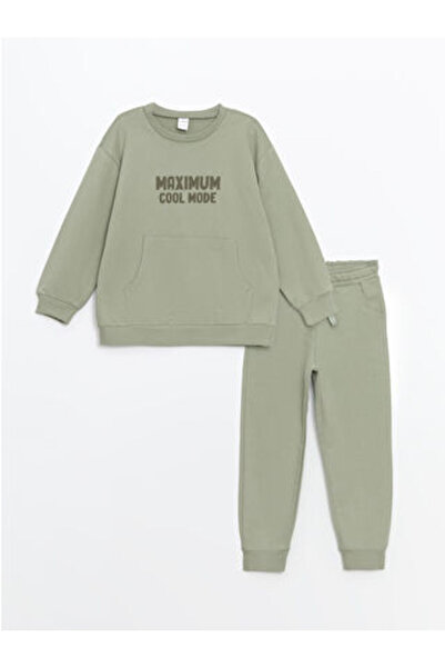 LC Waikiki Green Crew Neck Printed Boys Sweatshirt and Tracksuit Bottom 2-Pie...