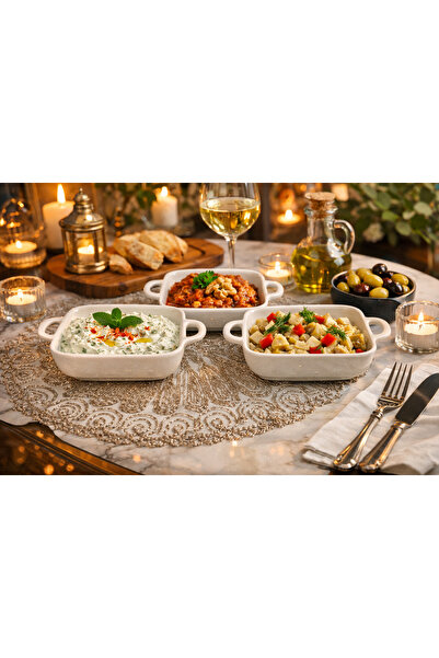 miras home 3 Adet Porselen Kulplu Kare Meze Kahvaltılık ve Sunum Tabağı