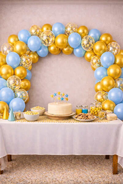 EvremStore 50’li Mavi Metalik Gold Şeffaf Pullu Balon Zincir Seti – Doğum Gün...