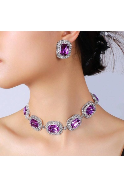 Ümaks Silvers طقم أقراط على شكل قلادة أنيقة من حجر الباغيت الأرجواني