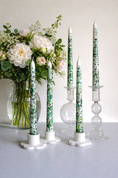 inrobert El Yapımı Çiçek Desenli Krem Şamdan Mum Seti – 25 cm Premium Dekor Mum