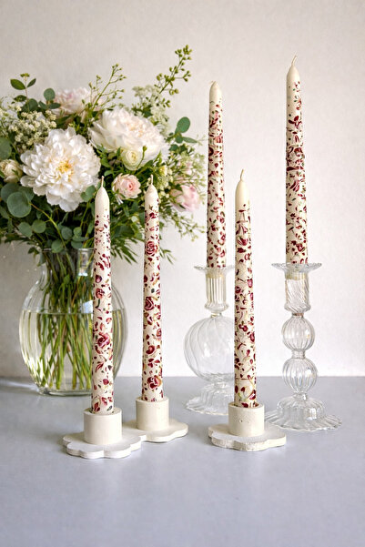 inrobert El Yapımı Çiçek Desenli Krem Şamdan Mum Seti – 25 cm Premium Dekor Mum