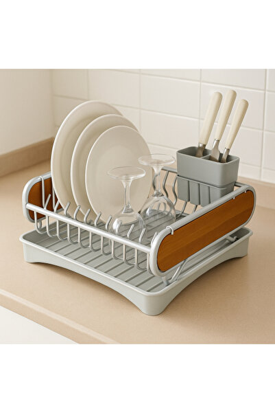 Generic رف أطباق معدني بجوانب خشبية