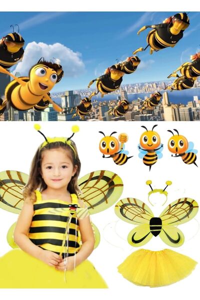Munico Set Çocuk Peri Kostüm Seti Arı Parıltılı Sevimli Kanat Çizgili Katmanl...