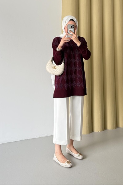 Rimel Moda Silvery Mercerized Tunic Claret Red