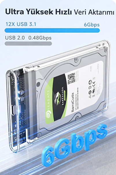 ARBIX 2.5 '' Harici Sabit Sürücü Muhafazası, 6Gbps USB C 3.1 Gen 2 - SATA III Aletsiz Şeffaf Harici Sabit