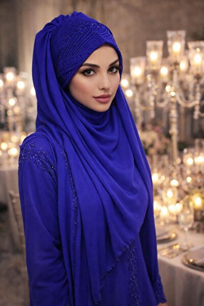 Aişe tesettür Saks Mavi Flok Baskılı Hazır Abiye Şal