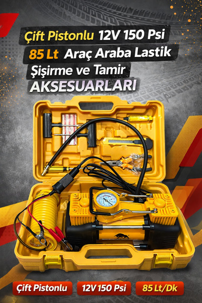 Home Çift Pistonlu 12V 150 PSI 85 L/Dk Araç Lastik Şişirme ve Tamir Seti