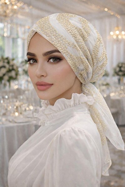 Aişe tesettür Beyaz Gold İşlemeli Abiye Eşarp Bone