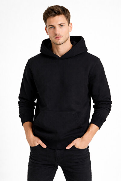 NAKRUF Men's Black Hooded Sweatshirt with Kangaroo Pocket and Cotton Lining f...