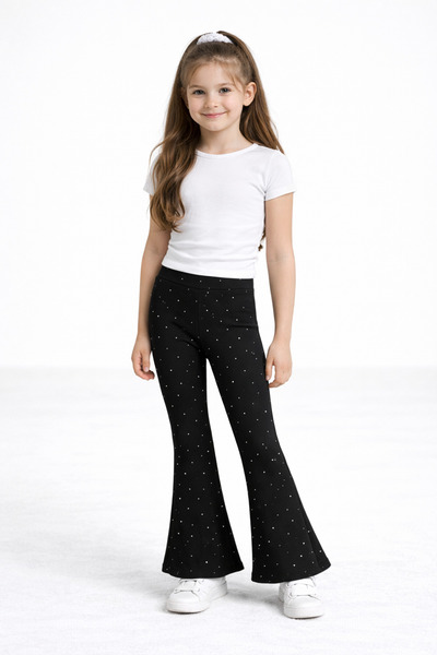 Mudizone Kız Çocuk Fitilli İspanyol Paça Taşlı Siyah Tayt