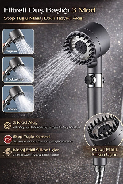 Hane Dostu Filtreli Duş Başlığı 3 Mod Stop Tuşlu Masaj Etkili Tazyikli Akış