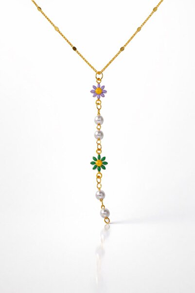 NKIE JEWELS قلادة من الفولاذ المقاوم للصدأ بلون ذهبي مع سلسلة مزينة بالزهور و...