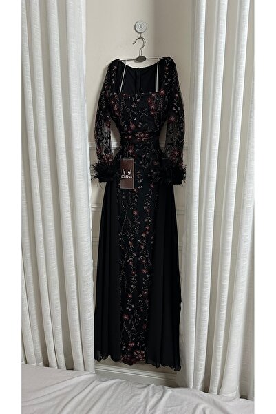 Ora Black evening dress with beading, georgette train, and feather-trimmed sl...