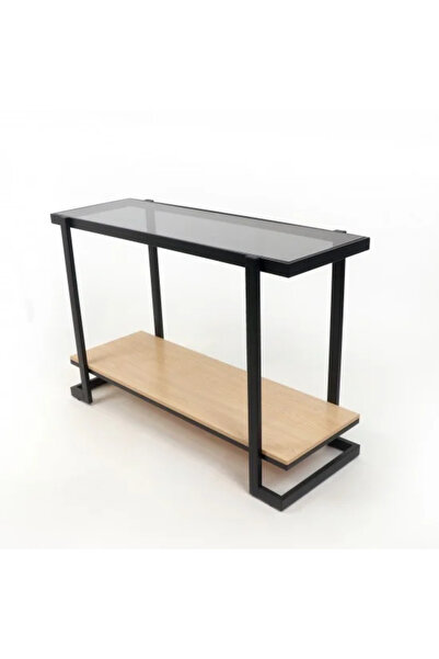 Generic Two-tier console table with glass top, metal frame, and wooden shelf ...