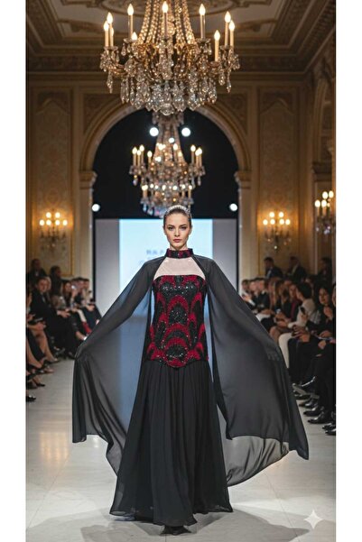 SERA Black chiffon evening dress with embroidered bodice