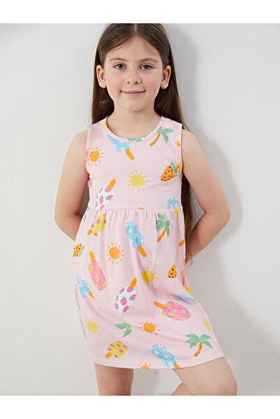 LC Waikiki LCW Kids Crew Neck εμπριμέ για κορίτσια χτενισμένο βαμβακερό φόρεμα