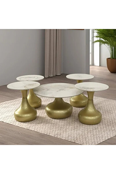Generic Modern design coffee table with gold base and marble top - 5 pieces