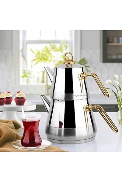 ÇEÇEN HOME Pyramid steel tea set with gold metal handle, self-filtering steel...