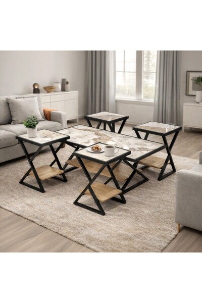 Generic طقم طاولة قهوة بسطح سيراميك، ونقشة رخامية، وإطار معدني - 5 قطع