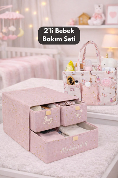 PONÇİK BEBEK Set de îngrijire pentru bebeluși, roz, organizator cu 3 comparti...