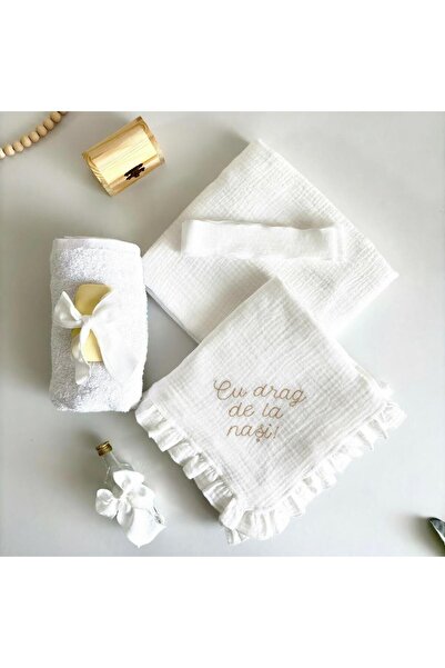 Anya-Events Μουσλίνα βαπτιστική στολή με μπεζ κεντήματα