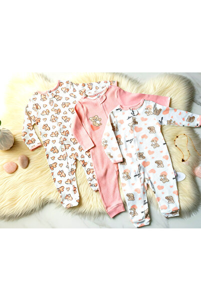 Nexvora Zippered Heart Bear Patterned Baby Girl Jumpsuit 100% Cotton |   9 Mo...