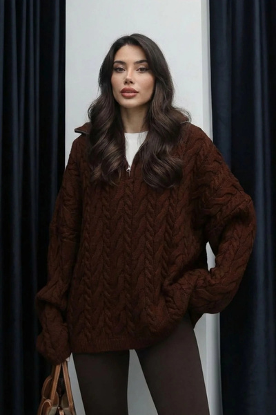 bysoca Women's Brown Zippered Hair Braid Patterned Soft Textured Oversize Kni...