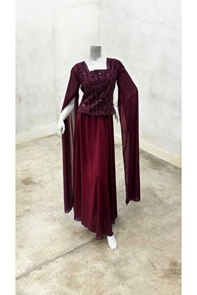 SERA Evening dress in burgundy with beaded embroidery on the bodice