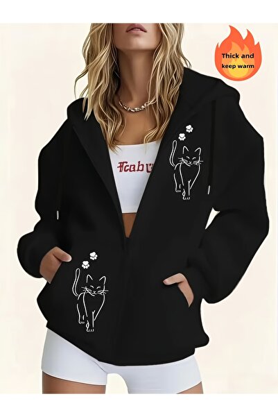 ship master Women's Zippered Hooded Sweatshirt Cat Patterned Warm Comfortable...