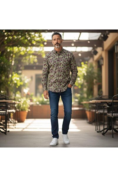 GÖMLEK GALERİSİ Men's Long Sleeve Shirt with Slim Fit Digital Printing Pattern