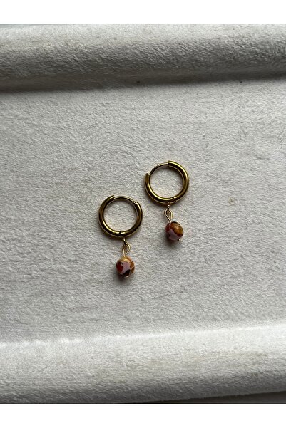 Pel Design Minimal Pink Amber Stone Gold Color Steel Hoop Earrings Handmade